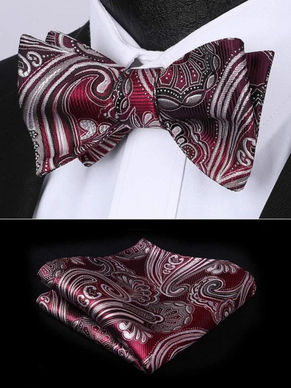 Elegant Paisley Bow Tie & Pocket Square Set for Men - Self Tie Formal Tuxedo